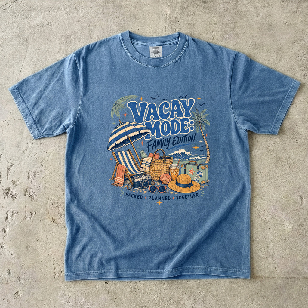 Vacay Mode Family Edition Travel Mom Shirt in Blue Jean – flat lay