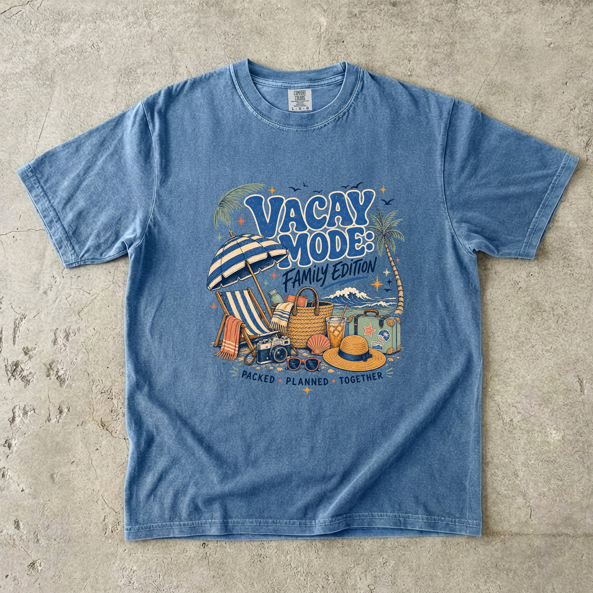 Vacay Mode Family Edition Travel Mom Shirt in Blue Jean – flat lay