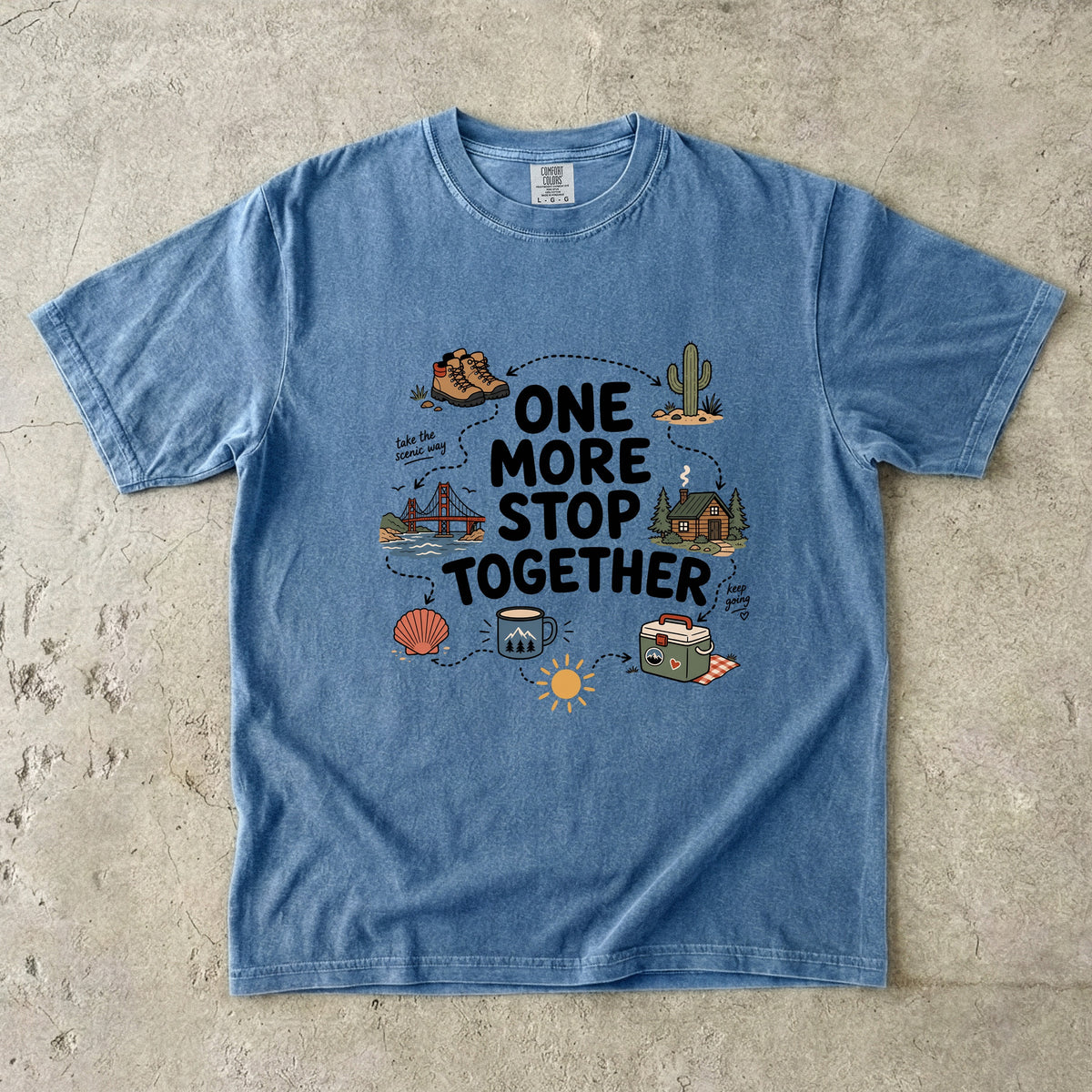 One More Stop Together Road Trip Shirt in Blue Jean – flat lay