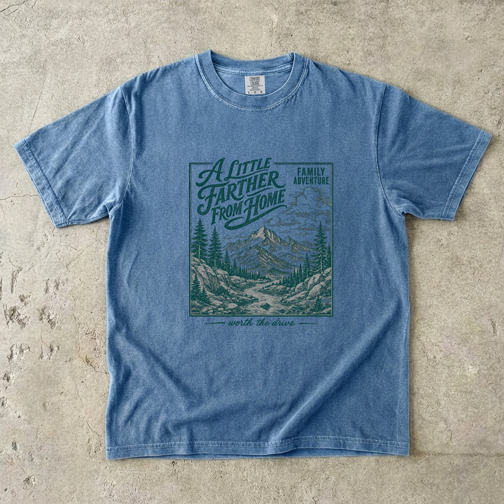 A Little Farther from Home Family Adventure Shirt in Blue Jean – flat lay