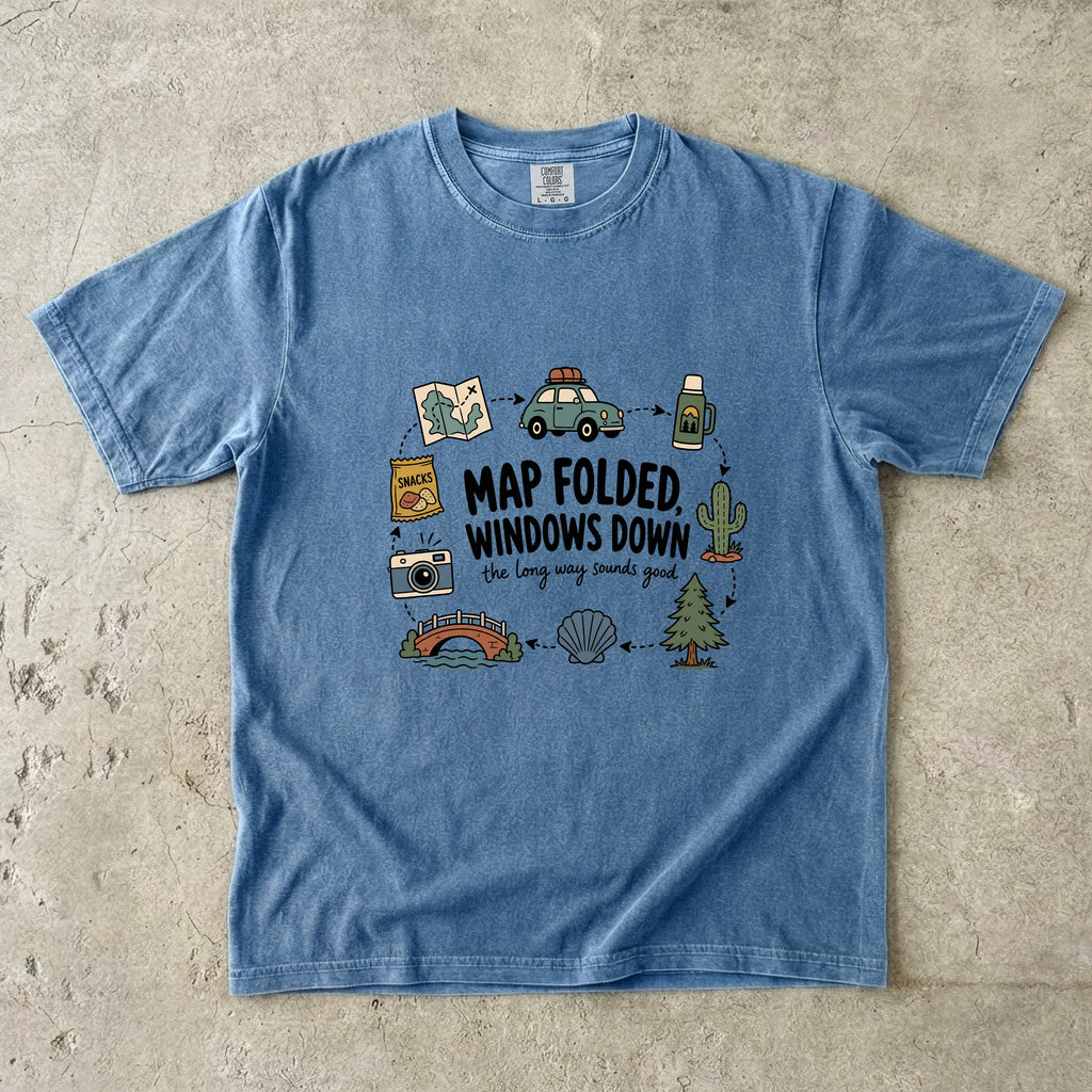 Map Folded Windows Down Road Trip Shirt in Blue Jean – flat lay