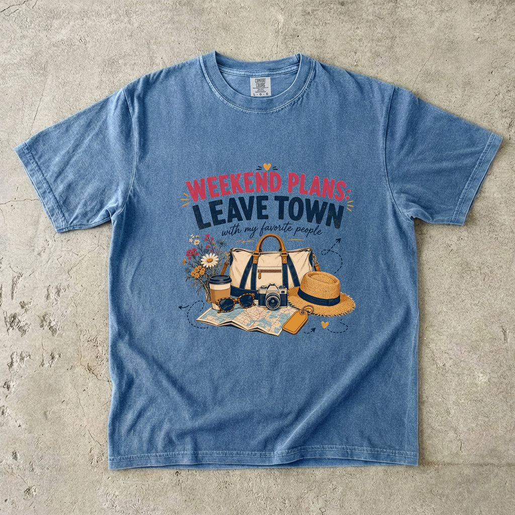 Weekend Plans Leave Town Girls Trip Shirt in Blue Jean – flat lay
