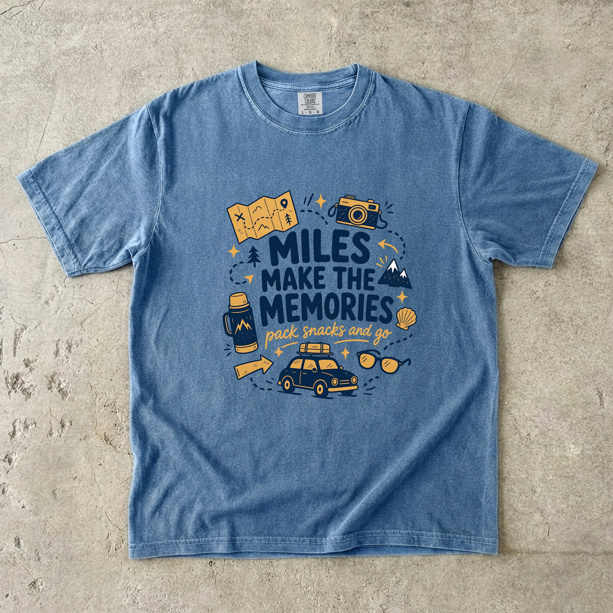 Miles Make the Memories Road Trip Shirt in Blue Jean – flat lay
