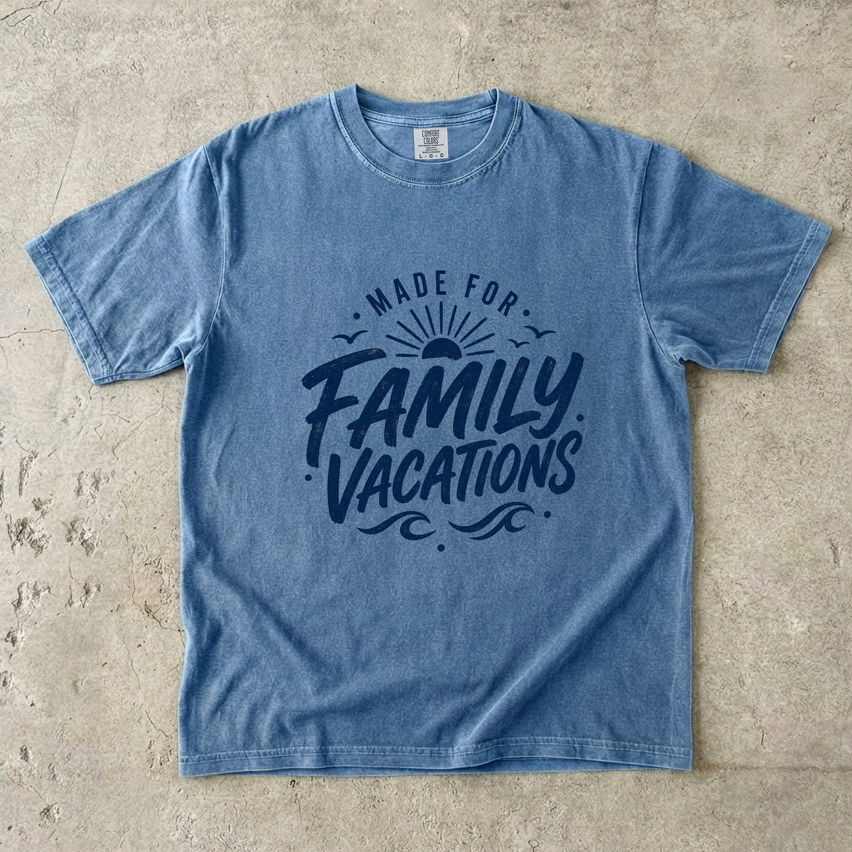 Made for Family Vacations Retro Travel Shirt in Blue Jean – flat lay