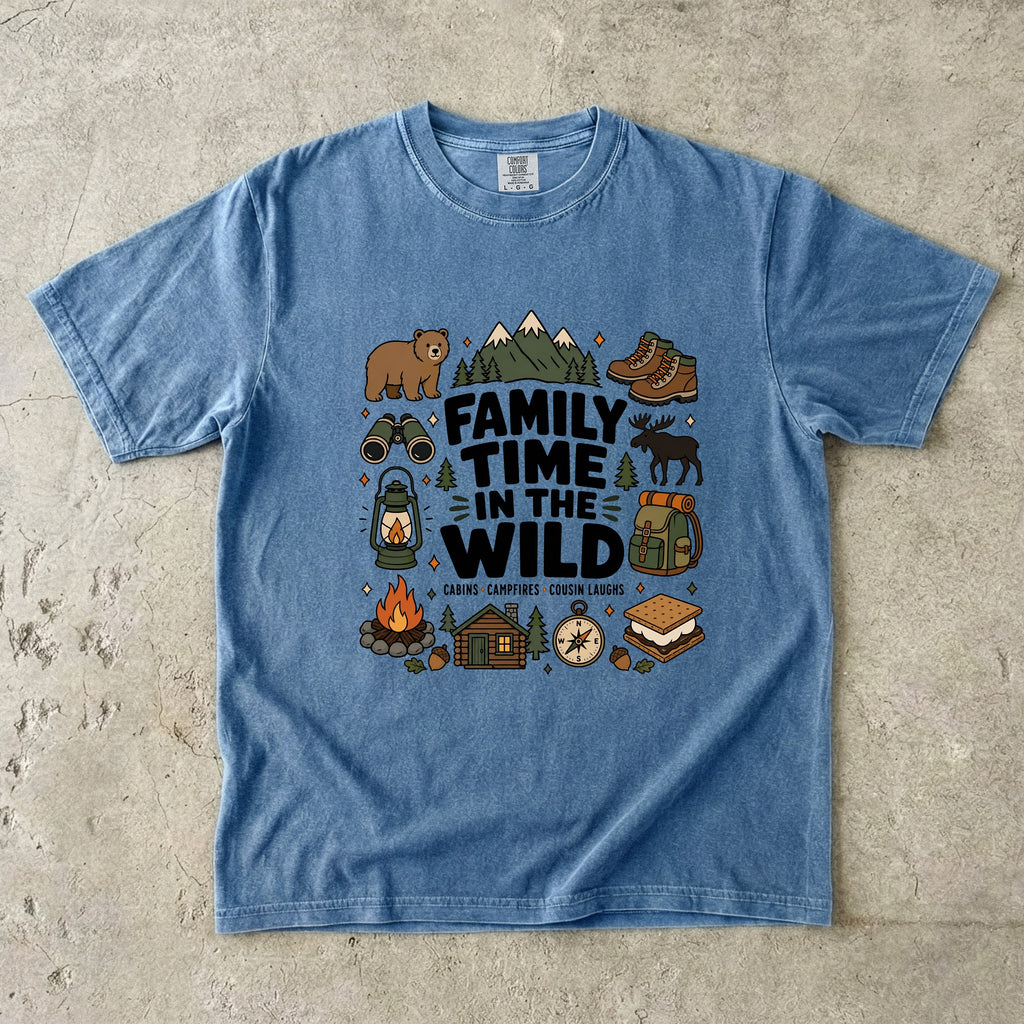 Family Time in the Wild Camping Shirt in Blue Jean – flat lay