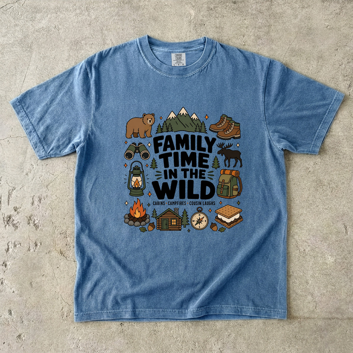 Family Time in the Wild Camping Shirt in Blue Jean – flat lay