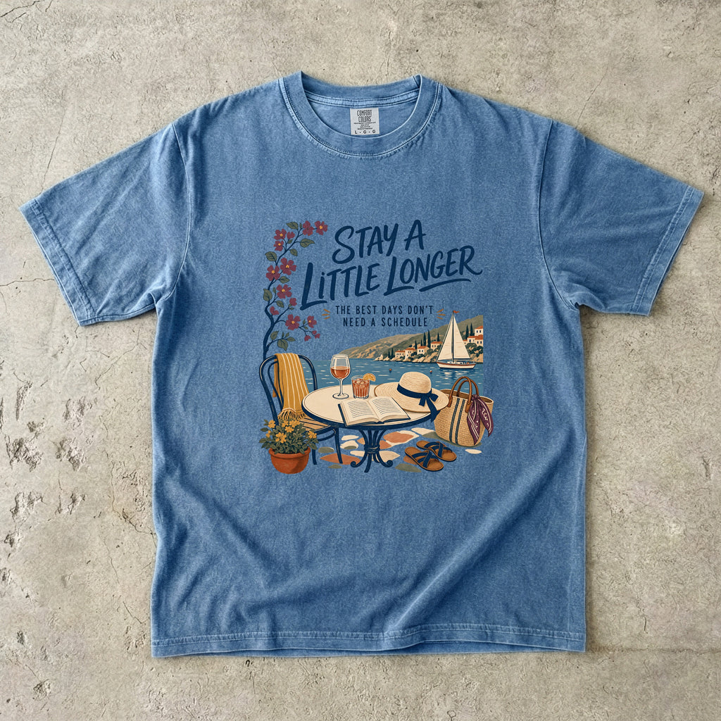 Stay a Little Longer Girls Trip Shirt in Blue Jean – flat lay