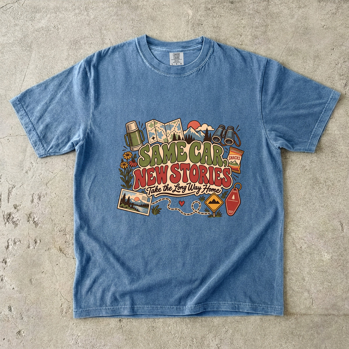 Same Car New Stories Road Trip Shirt in Blue Jean – flat lay
