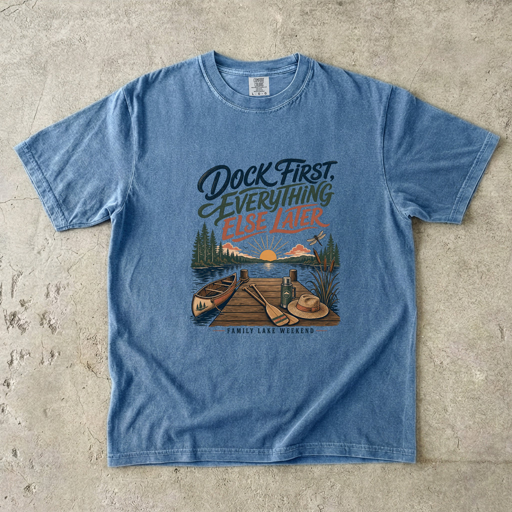 Dock First Everything Else Later Lake Vacation Shirt in Blue Jean – flat lay