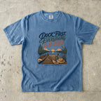 Dock First Everything Else Later Lake Vacation Shirt in Blue Jean – flat lay
