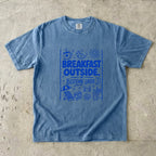 Breakfast Outside Bedtime Later Beach Vacation Shirt in Blue Jean – flat lay