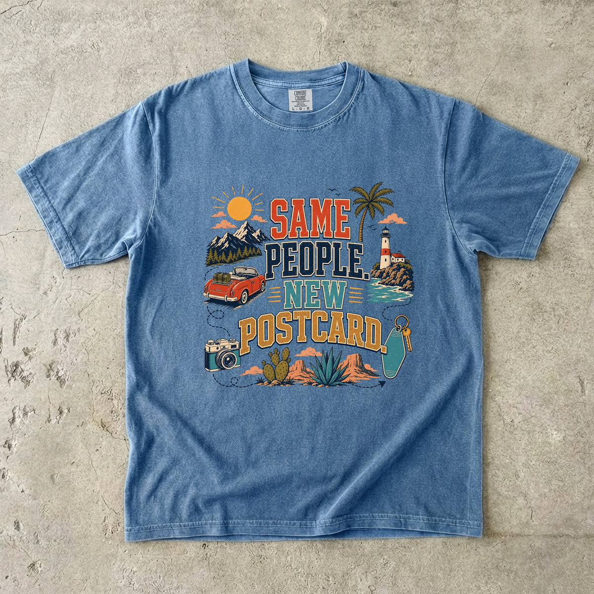 Same People New Postcard Road Trip Shirt in Blue Jean – flat lay