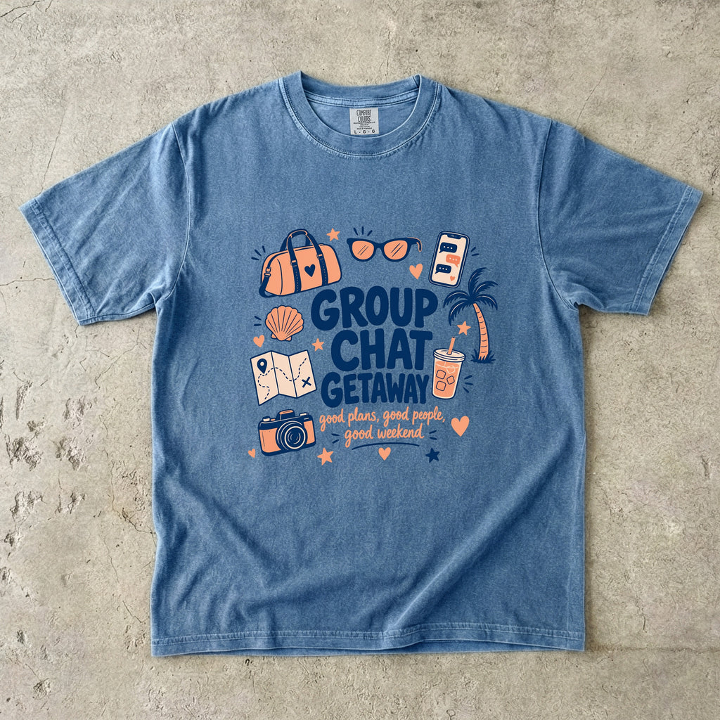 Group Chat Getaway Family Getaway Shirt in Blue Jean – flat lay