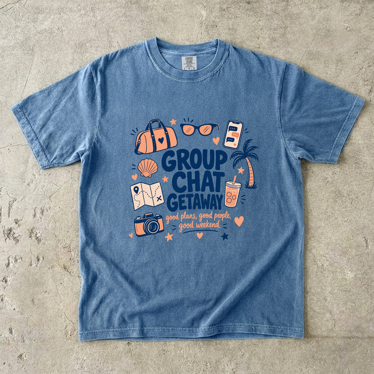 Group Chat Getaway Family Getaway Shirt in Blue Jean – flat lay