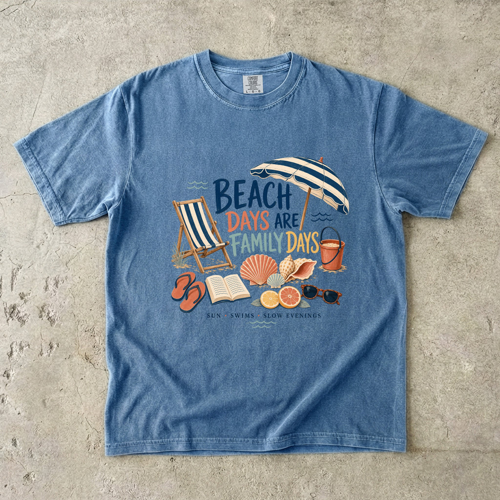 Beach Days Are Family Days Beach Vacation Shirt in Blue Jean – flat lay