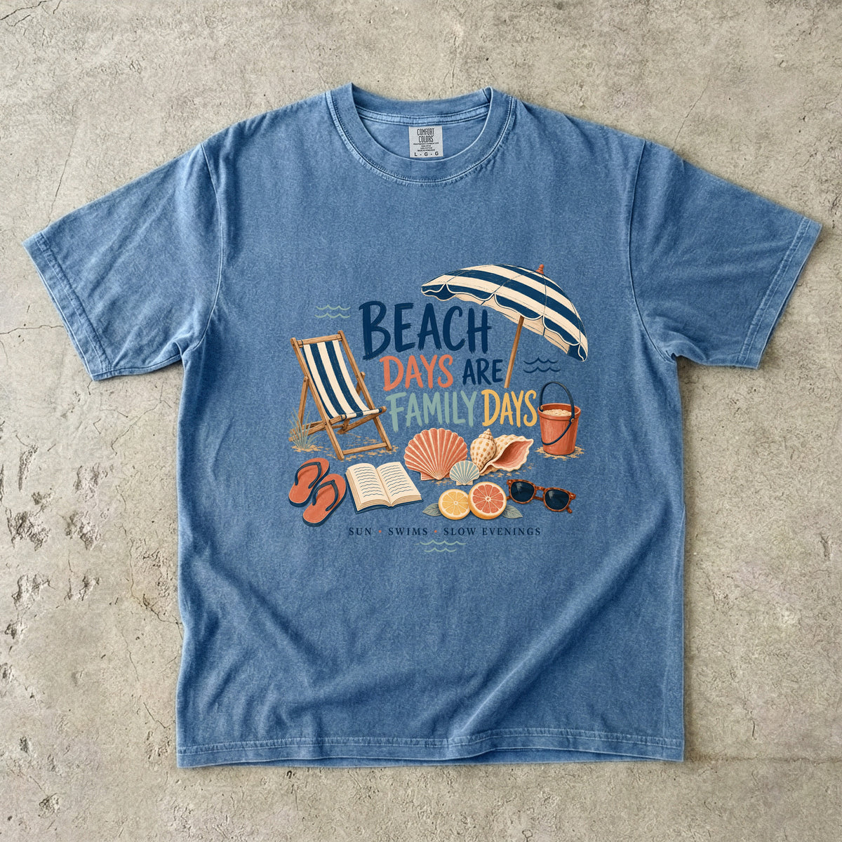 Beach Days Are Family Days Beach Vacation Shirt in Blue Jean – flat lay