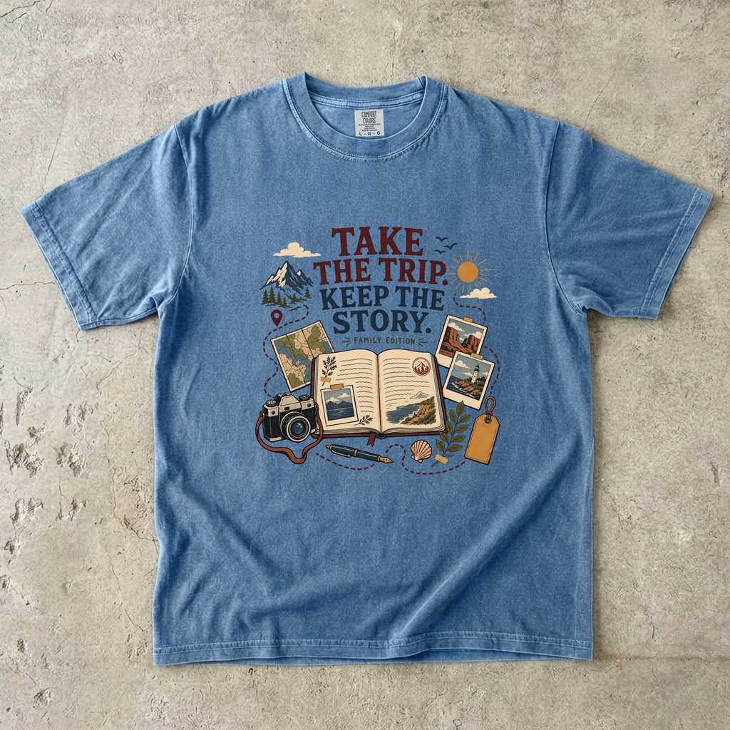 Take the Trip Keep the Story Road Trip Shirt in Blue Jean – flat lay