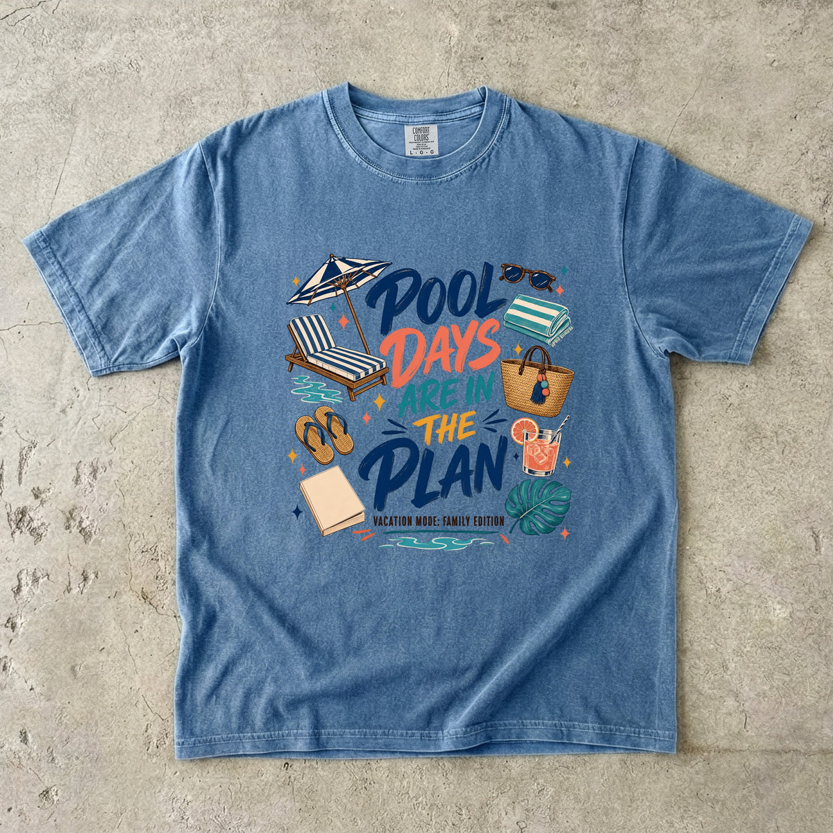 Pool Days Are in the Plan Family Getaway Shirt in Blue Jean – flat lay