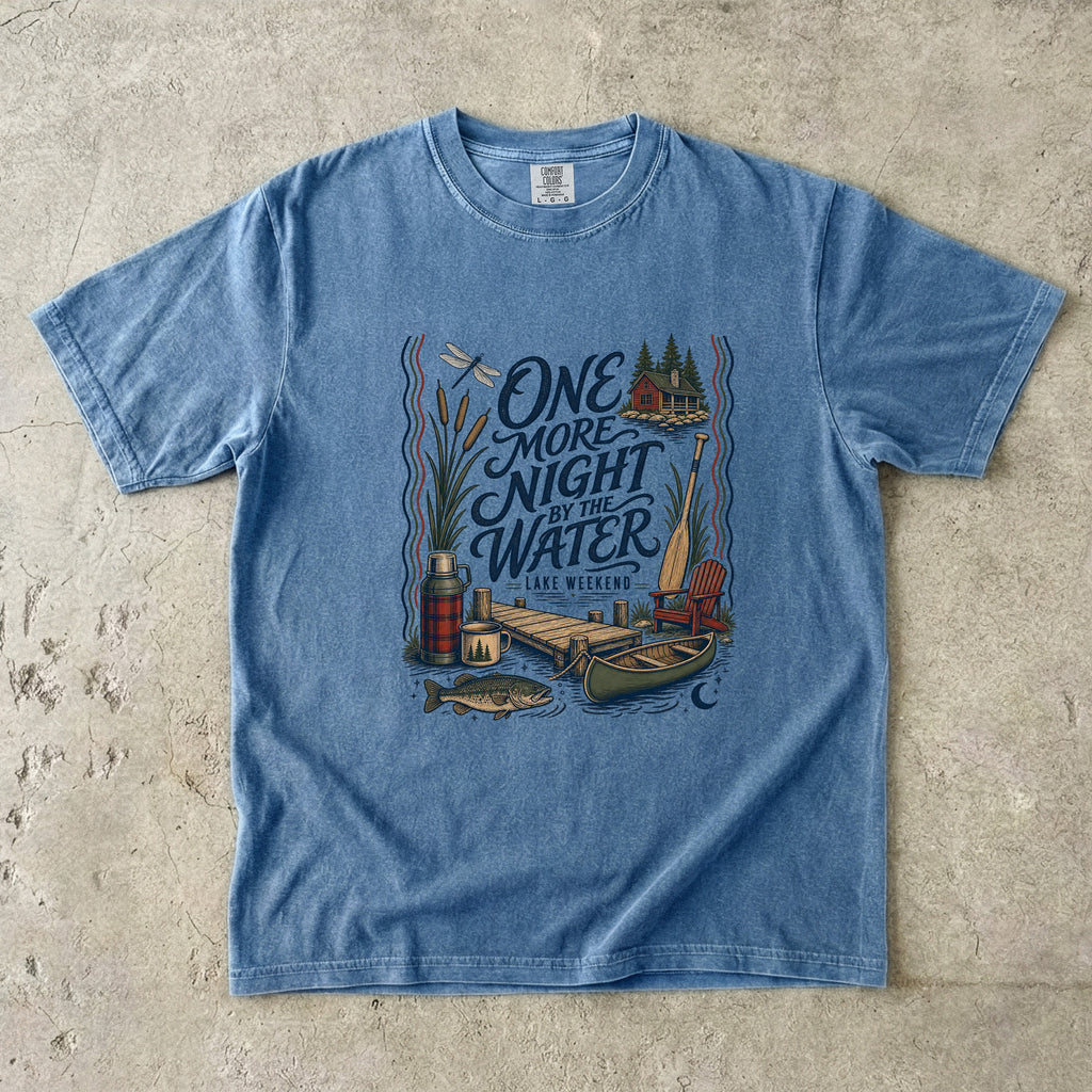 One More Night by the Water Lake Vacation Shirt in Blue Jean – flat lay
