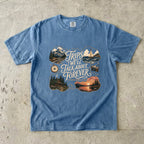 Trips We'll Talk About Forever Family Travel Shirt in Blue Jean – flat lay
