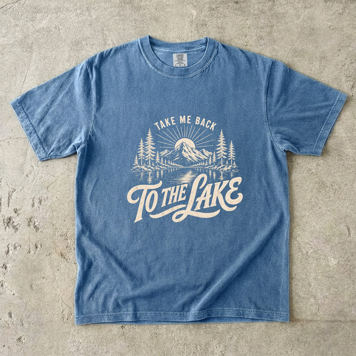 Take Me Back to the Lake Shirt in Blue Jean – flat lay