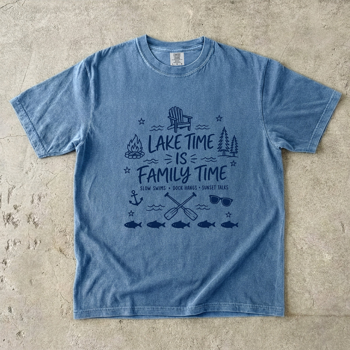 Lake Time Is Family Time Lake Vacation Shirt in Blue Jean – flat lay