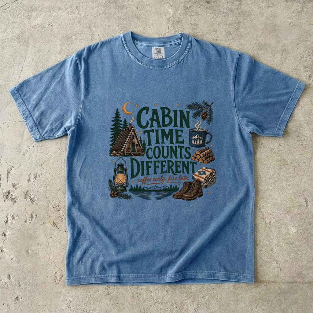 Cabin Time Counts Different Cabin Weekend Shirt in Blue Jean – flat lay