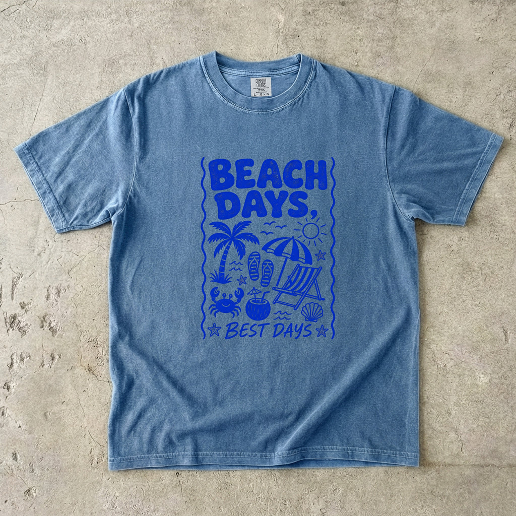 Beach Days Best Days Beach Vacation Shirt in Blue Jean – flat lay