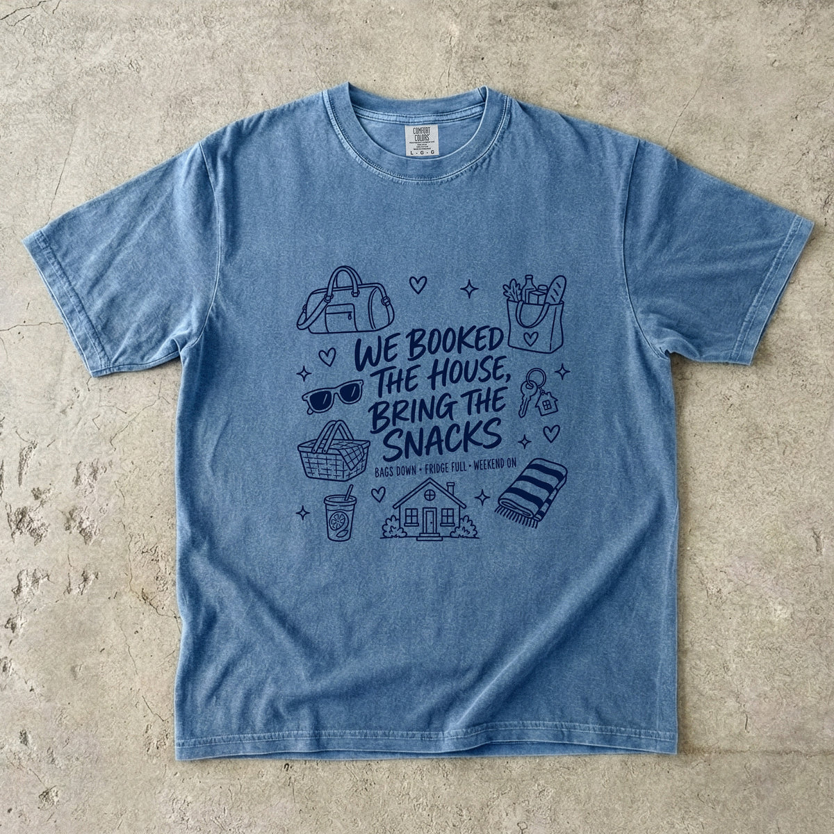 We Booked the House Bring the Snacks Family Getaway Shirt in Blue Jean – flat lay