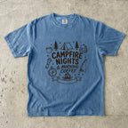 Campfire Nights and Morning Coffee Camping Shirt in Blue Jean – flat lay
