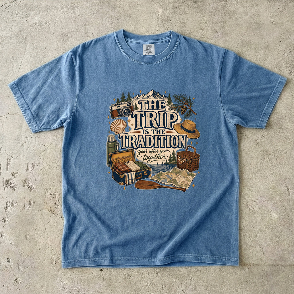 The Trip Is the Tradition Lake Vacation Shirt in Blue Jean – flat lay