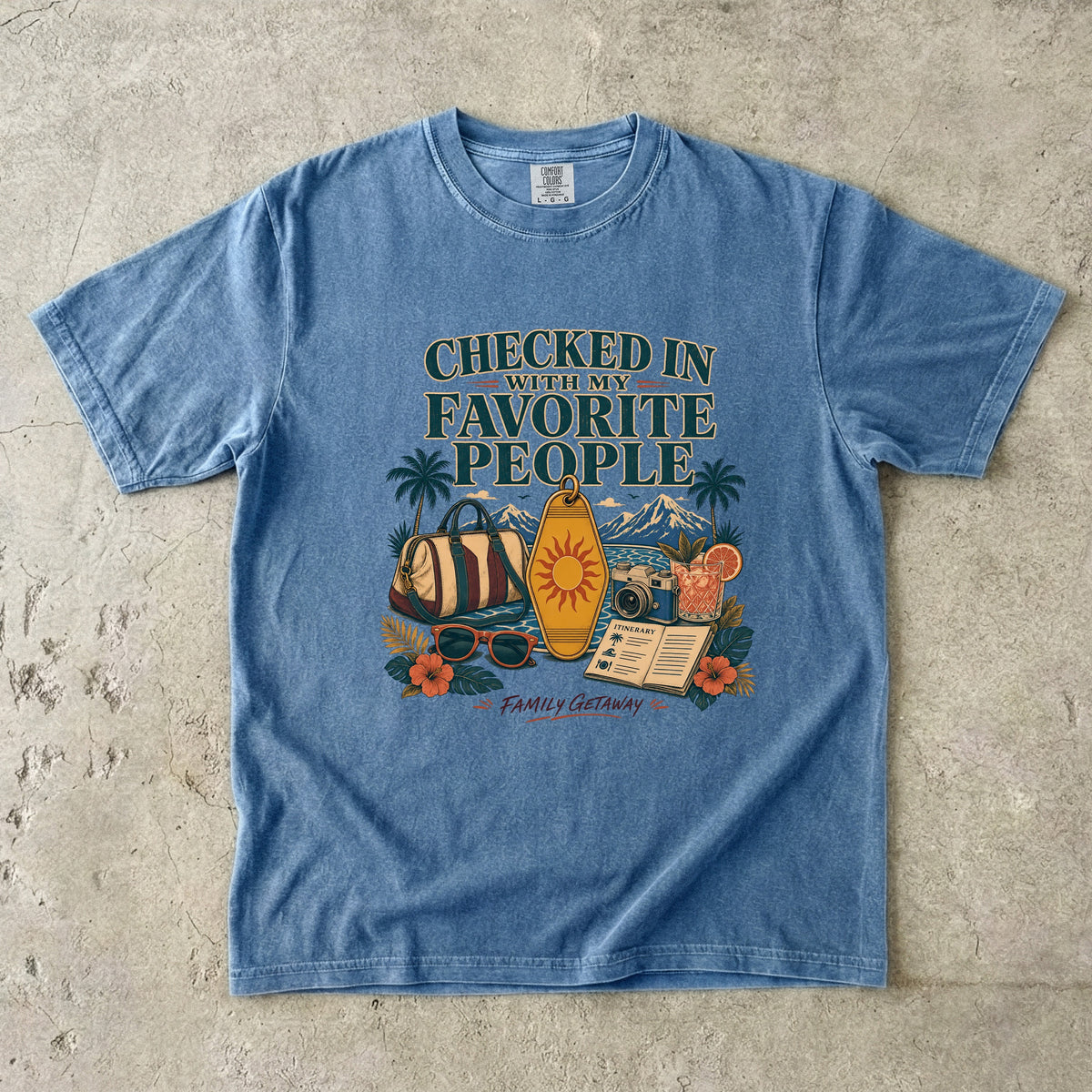 Checked In with My Favorite People Family Getaway Shirt in Blue Jean – flat lay