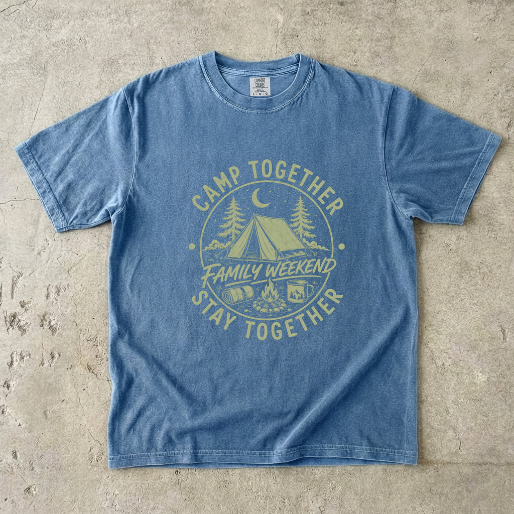 Camp Together Stay Together Family Weekend Shirt in Blue Jean – flat lay