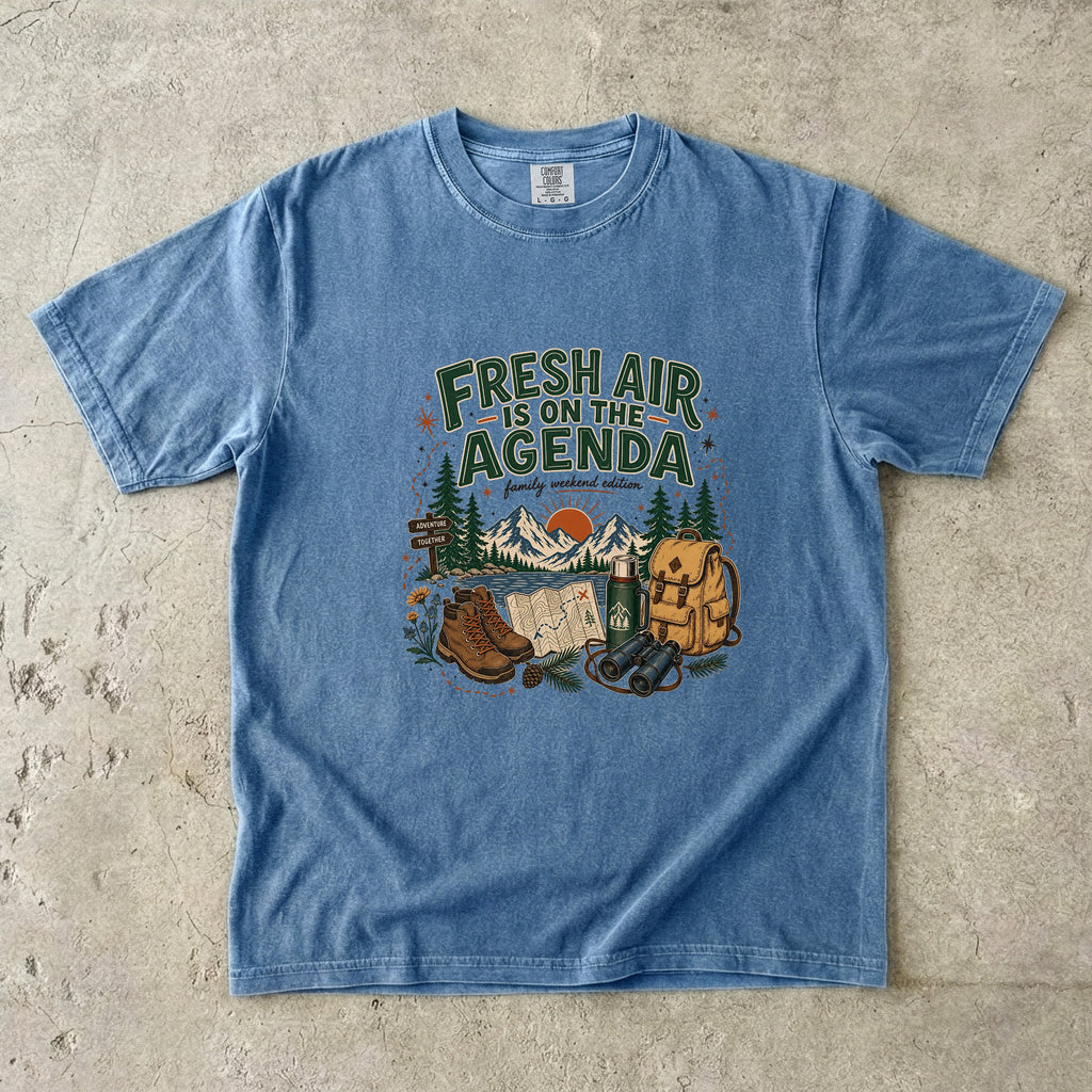 Fresh Air Is on the Agenda Mountain Adventure Shirt in Blue Jean – flat lay
