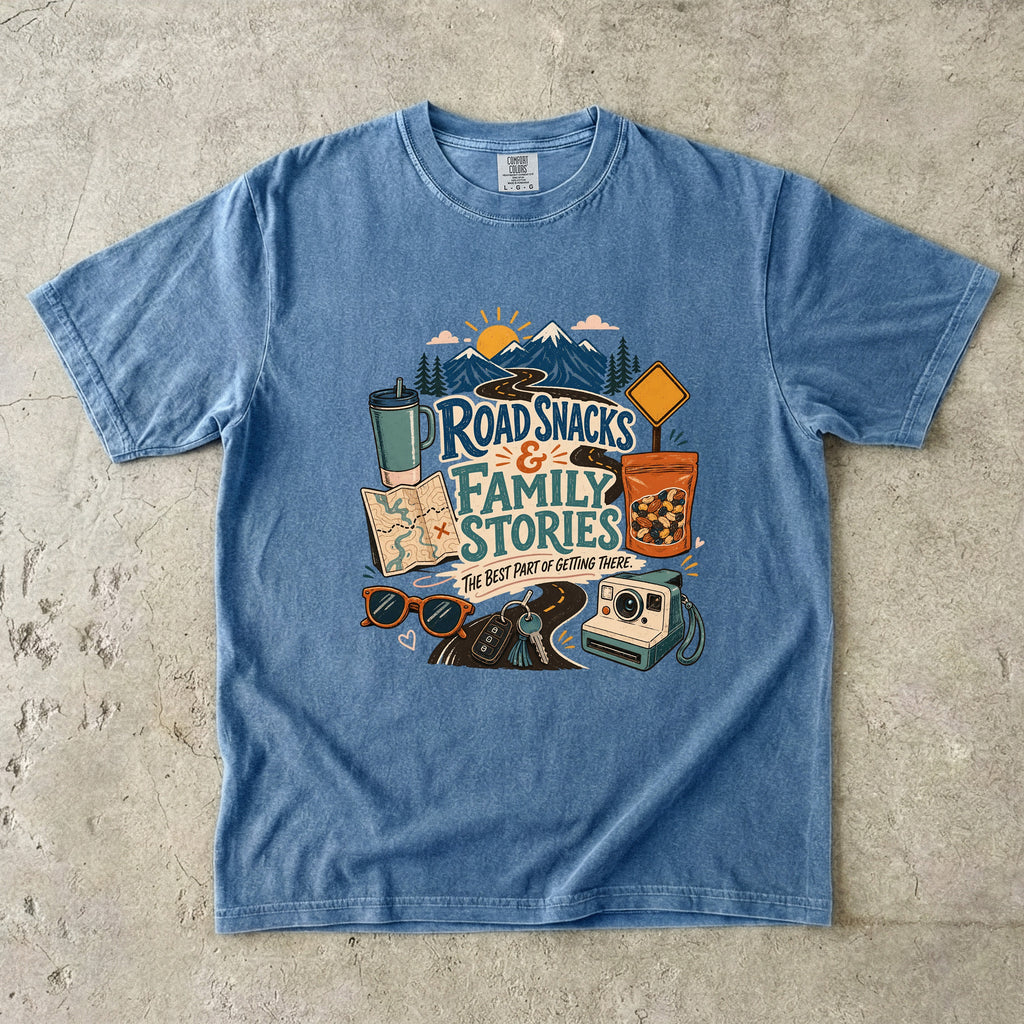 Road Snacks and Family Stories Road Trip Shirt in Blue Jean – flat lay