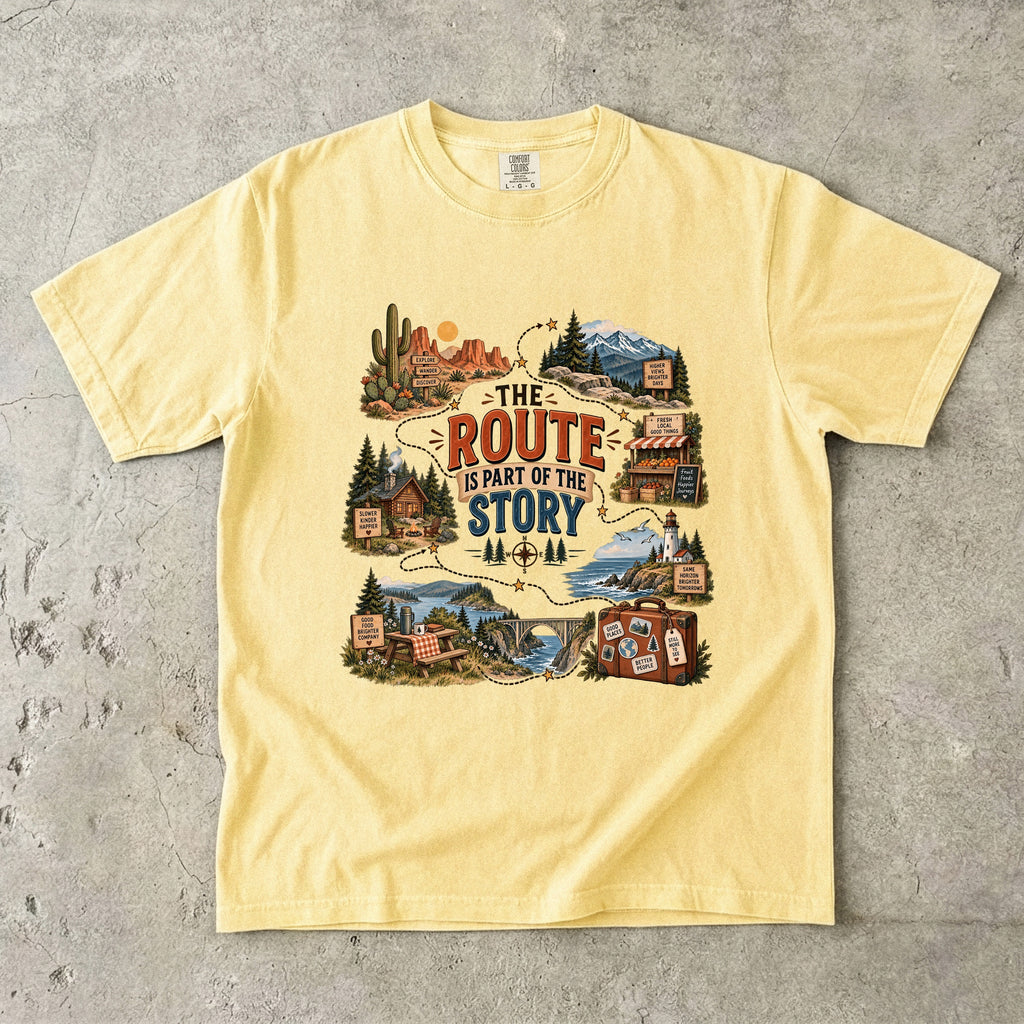 The Route Is Part of the Story Road Trip Shirt in Butter – flat lay
