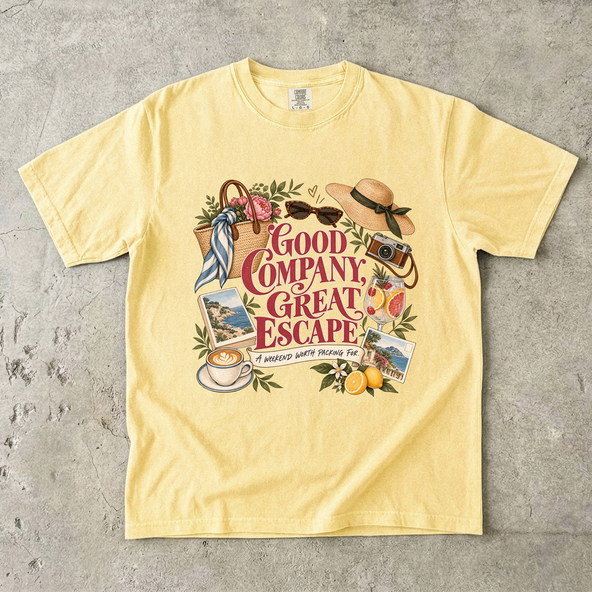 Good Company Great Escape Girls Trip Shirt in Butter – flat lay