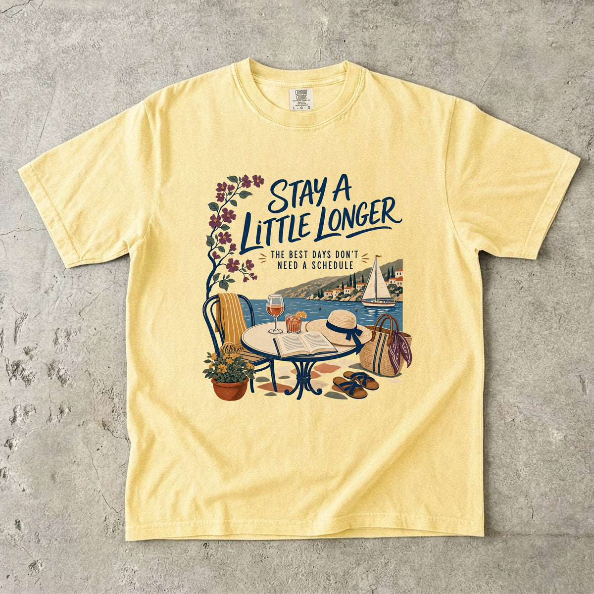 Stay a Little Longer Girls Trip Shirt in Butter – flat lay