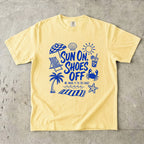 Sun On Shoes Off Beach Vacation Shirt in Butter – flat lay