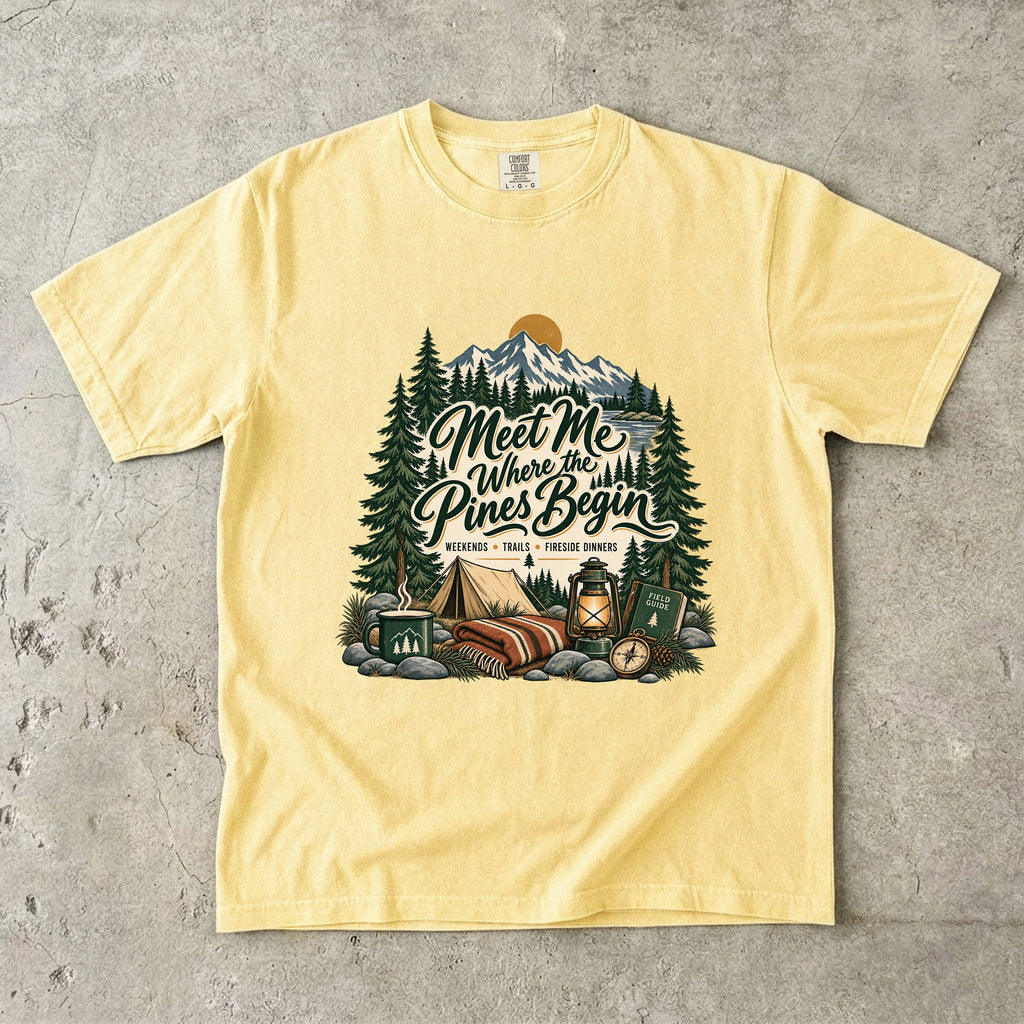Meet Me Where the Pines Begin Mountain Camping Shirt in Butter – flat lay