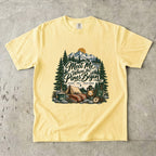 Meet Me Where the Pines Begin Mountain Camping Shirt in Butter – flat lay
