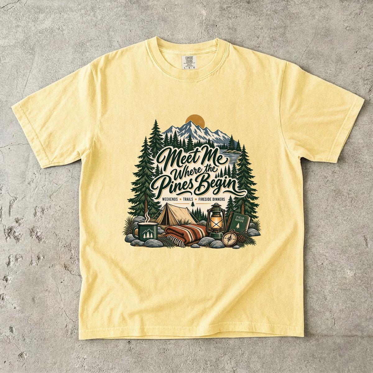 Meet Me Where the Pines Begin Mountain Camping Shirt in Butter – flat lay