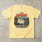 The Good Stuff Happens Off the Itinerary Travel Mom Shirt in Butter – flat lay