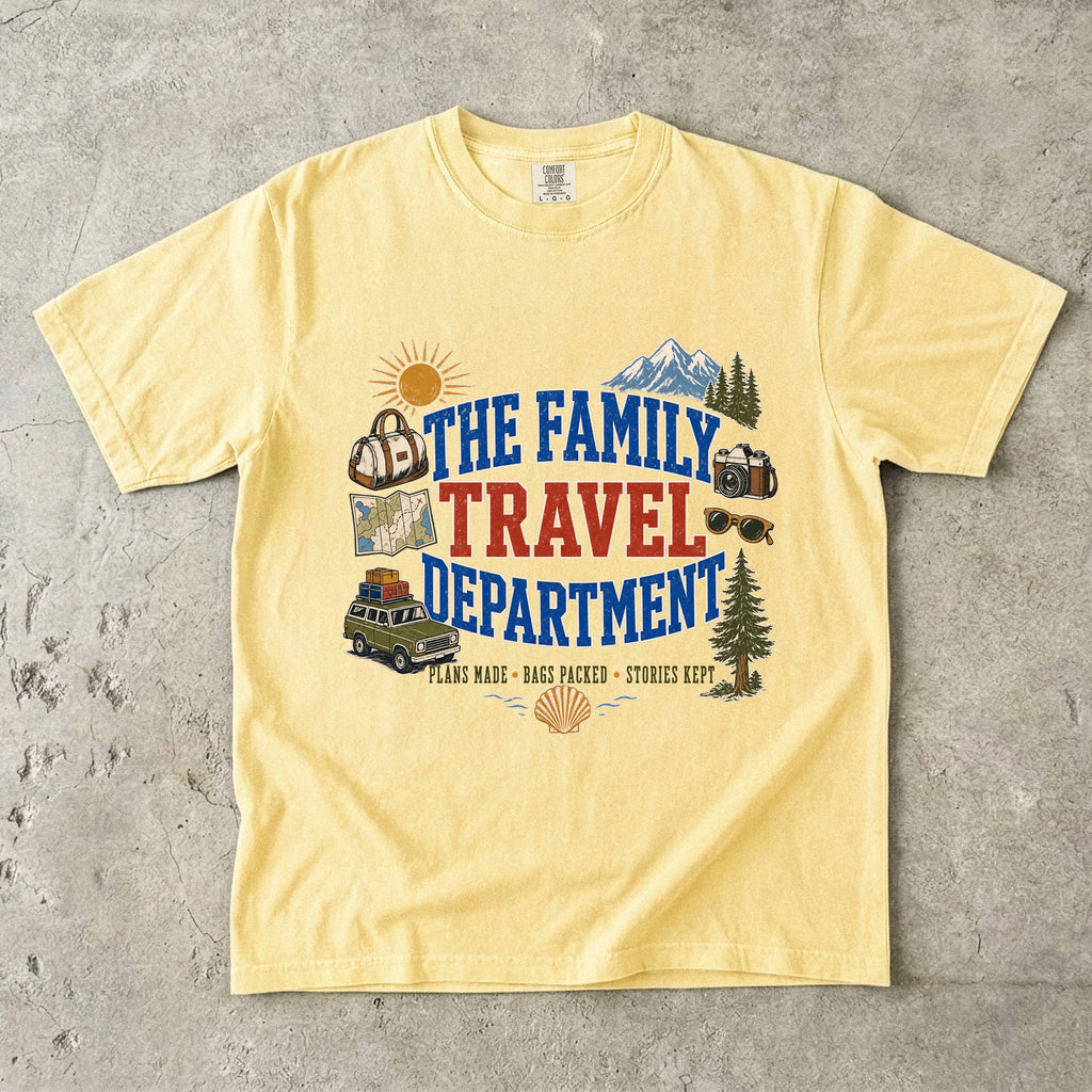 The Family Travel Department Road Trip Shirt in Butter – flat lay