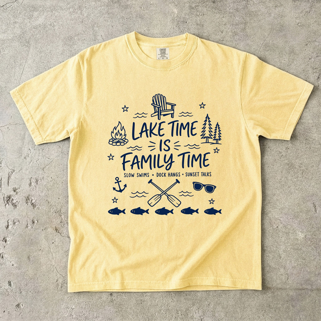 Lake Time Is Family Time Lake Vacation Shirt in Butter – flat lay
