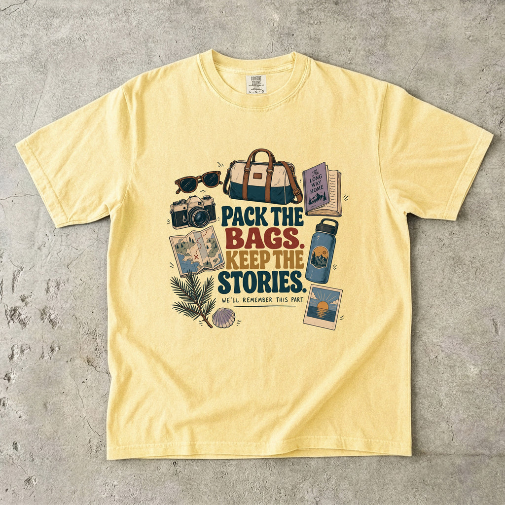 Pack the Bags Keep the Stories Family Getaway Shirt in Butter – flat lay