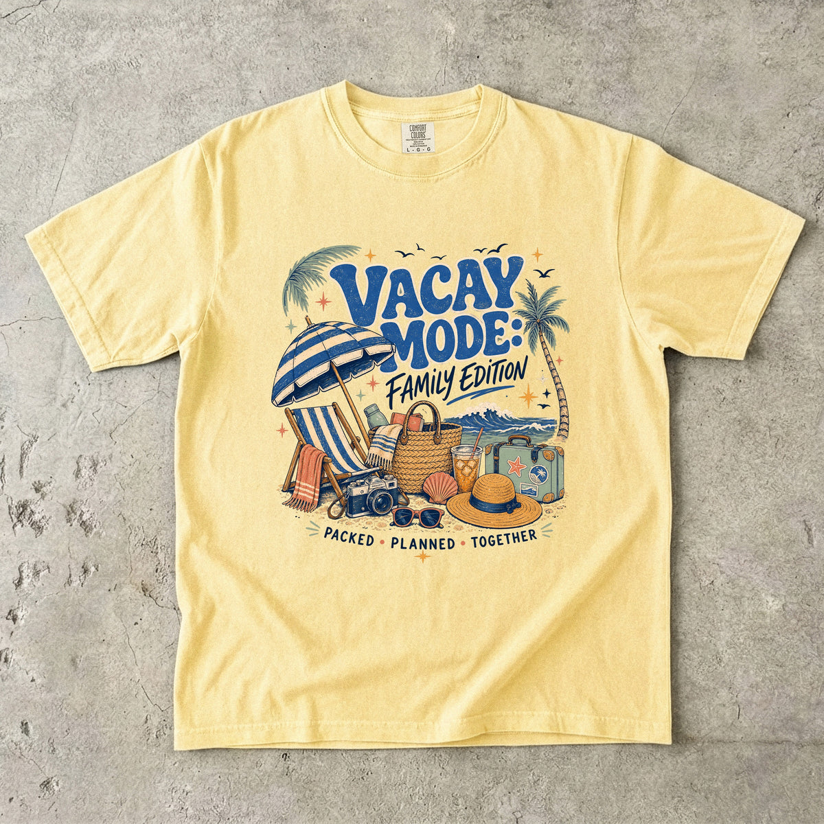 Vacay Mode Family Edition Travel Mom Shirt in Butter – flat lay