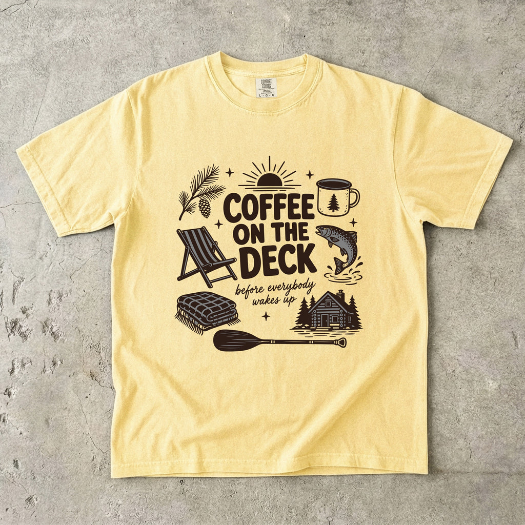 Coffee on the Deck Lake Vacation Shirt in Butter – flat lay
