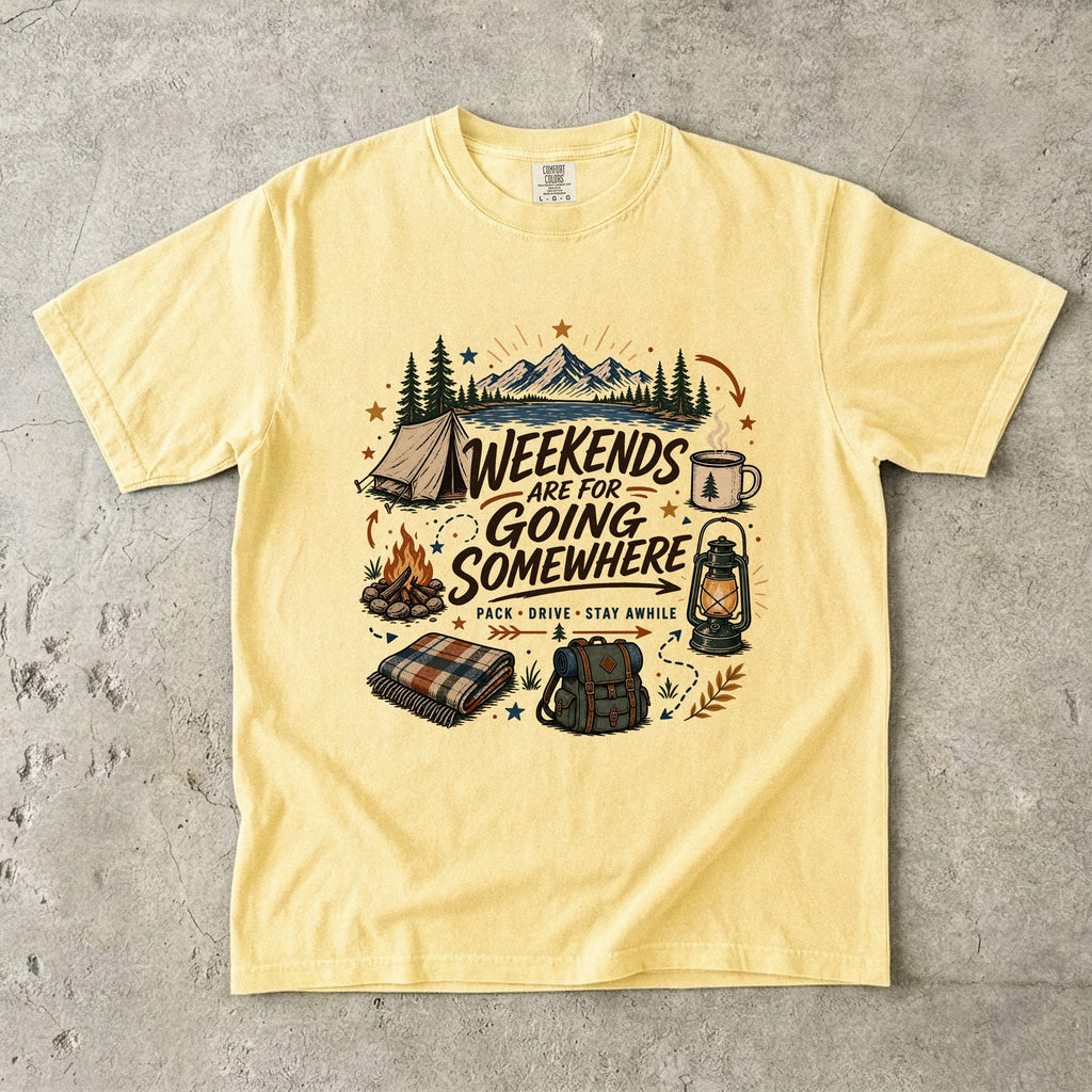 Weekends Are for Going Somewhere Camping Shirt in Butter – flat lay
