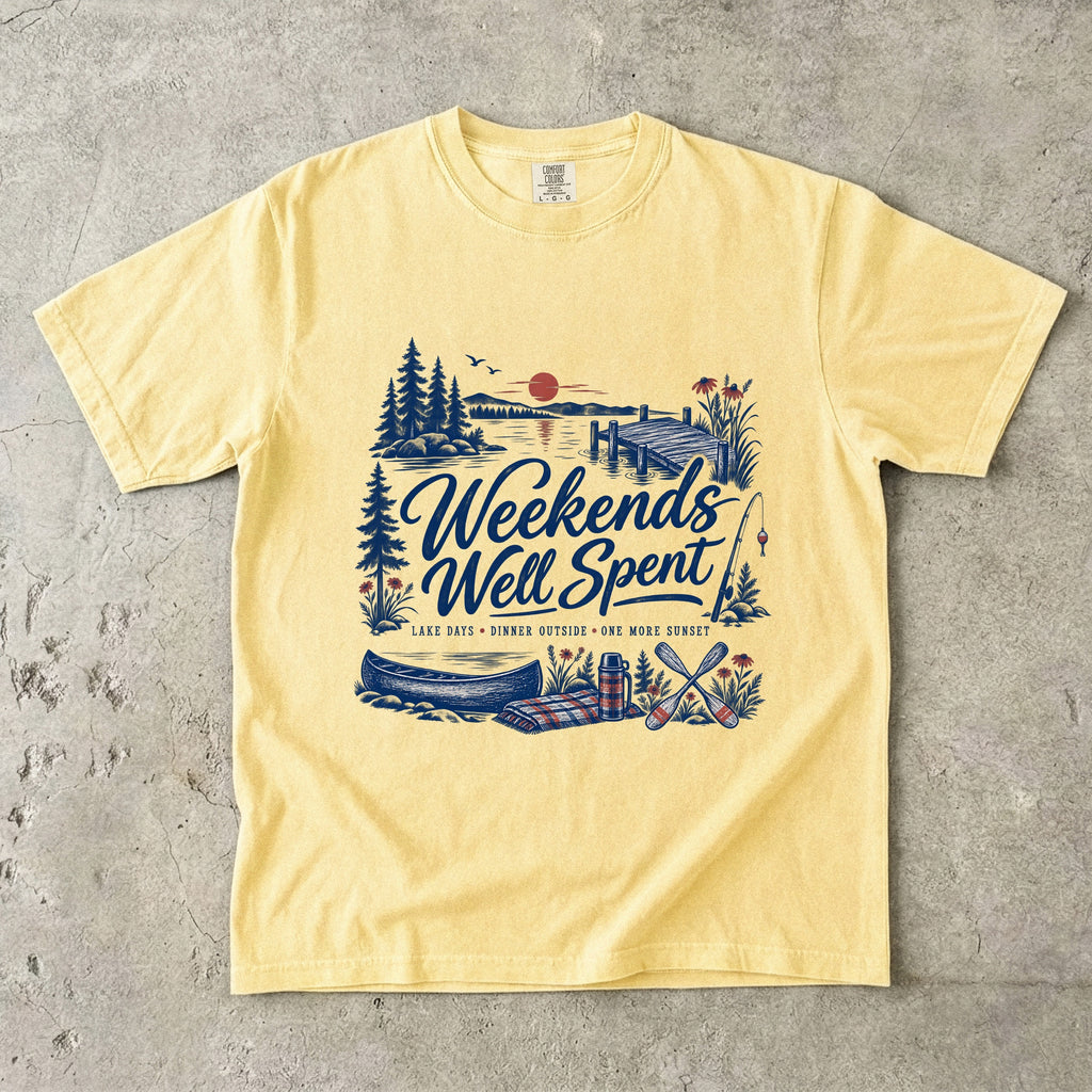Weekends Well Spent Lake Vacation Shirt in Butter – flat lay